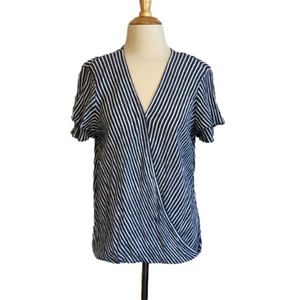 MICHAEL MICHAEL KORS‎ Dark Grey and White Striped Faux Wrap Blouse Top Size M